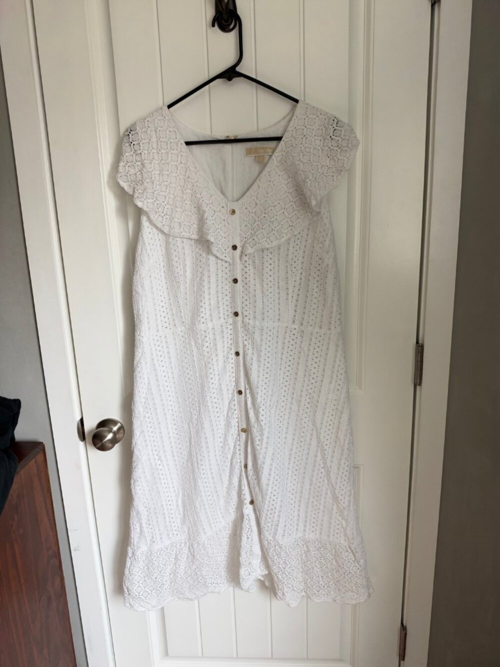 Michael Kors White Eyelet Button Front Dress Womens 16 Midi Flutter Sleeve